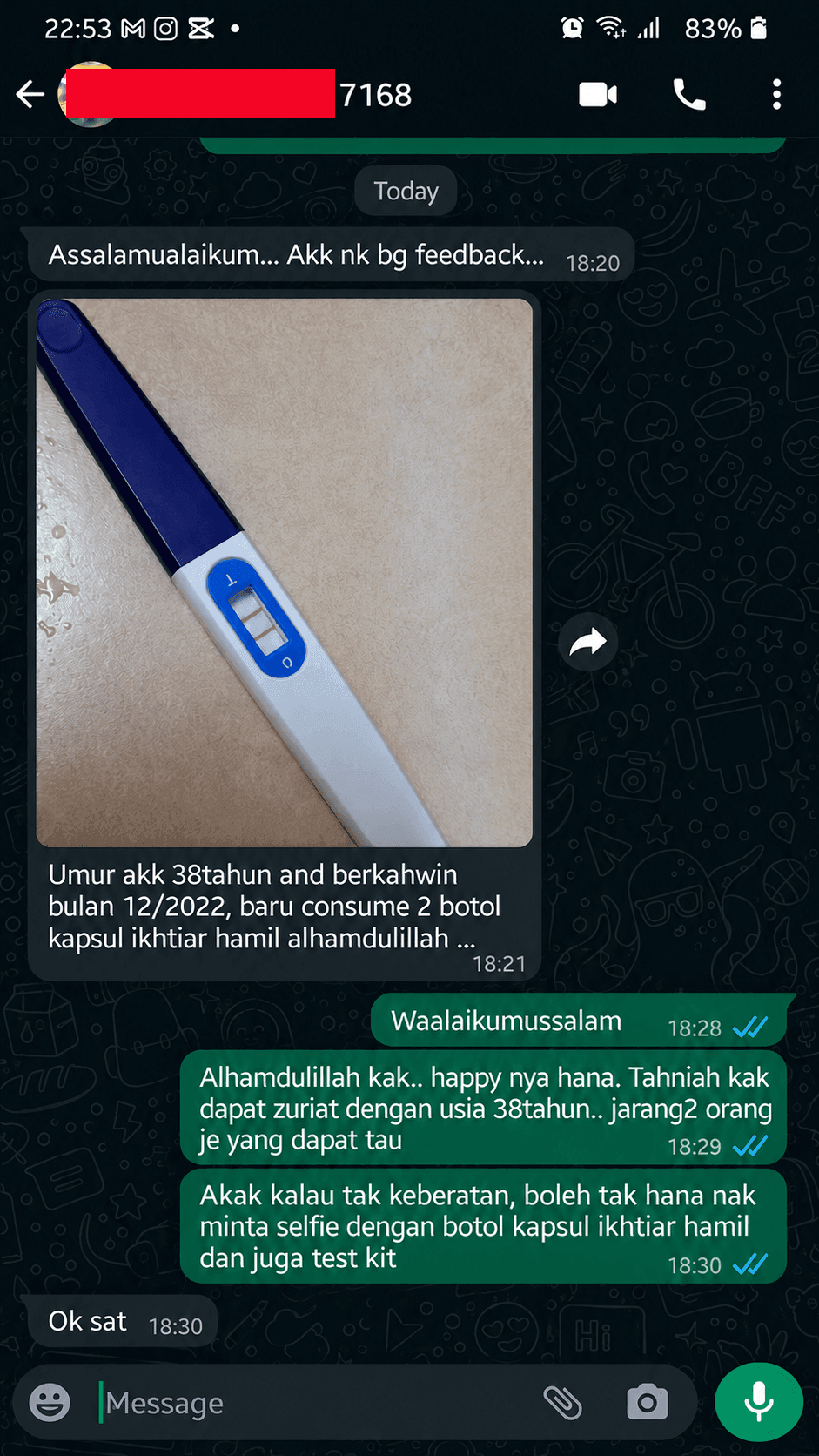 Testimoni WhatsApp - umur 38 dah positif