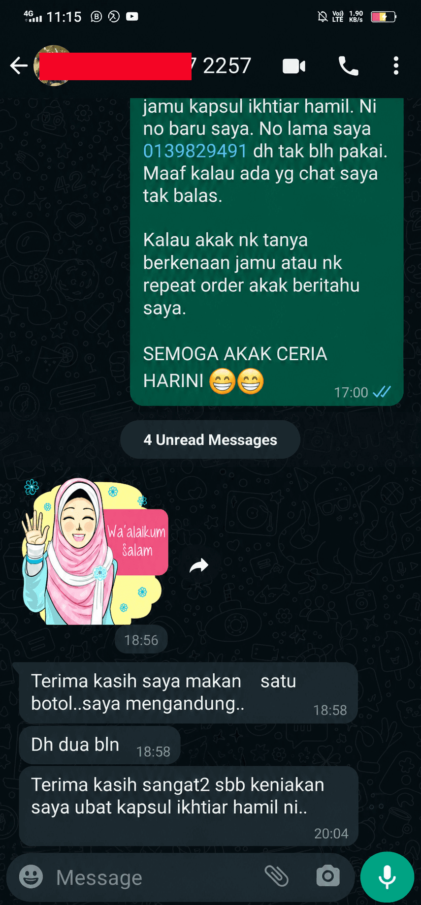 Testimoni WhatsApp - satu botol mengandung