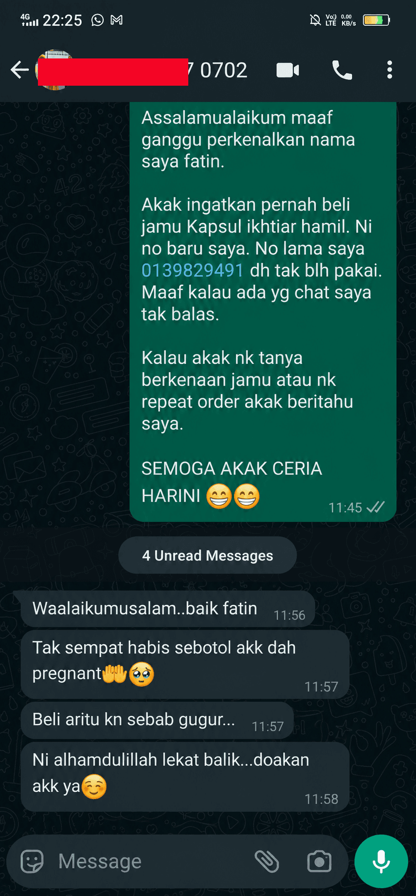 Testimoni WhatsApp - lepas keguguran lekat balik