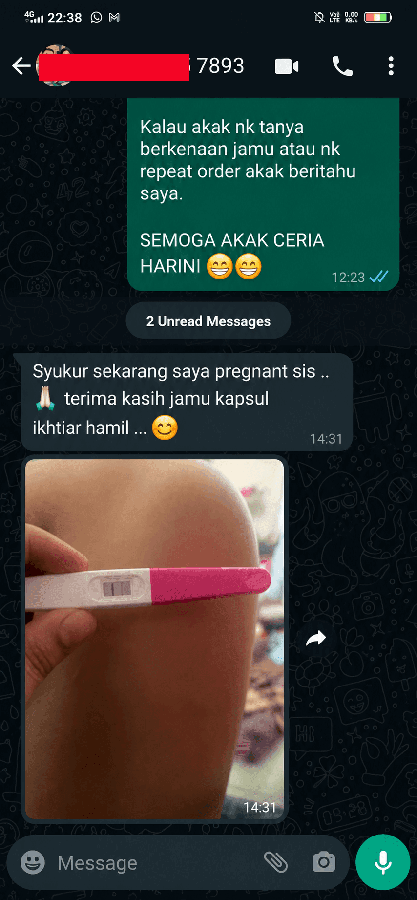 Testimoni WhatsApp - pregnant dengan test kit