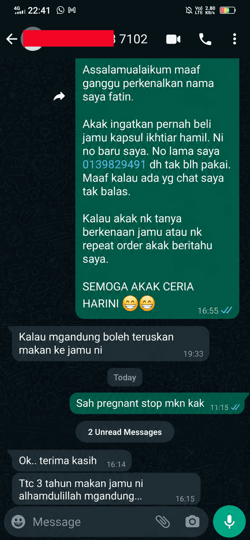 Testimoni WhatsApp - TTC 3 tahun mengandung
